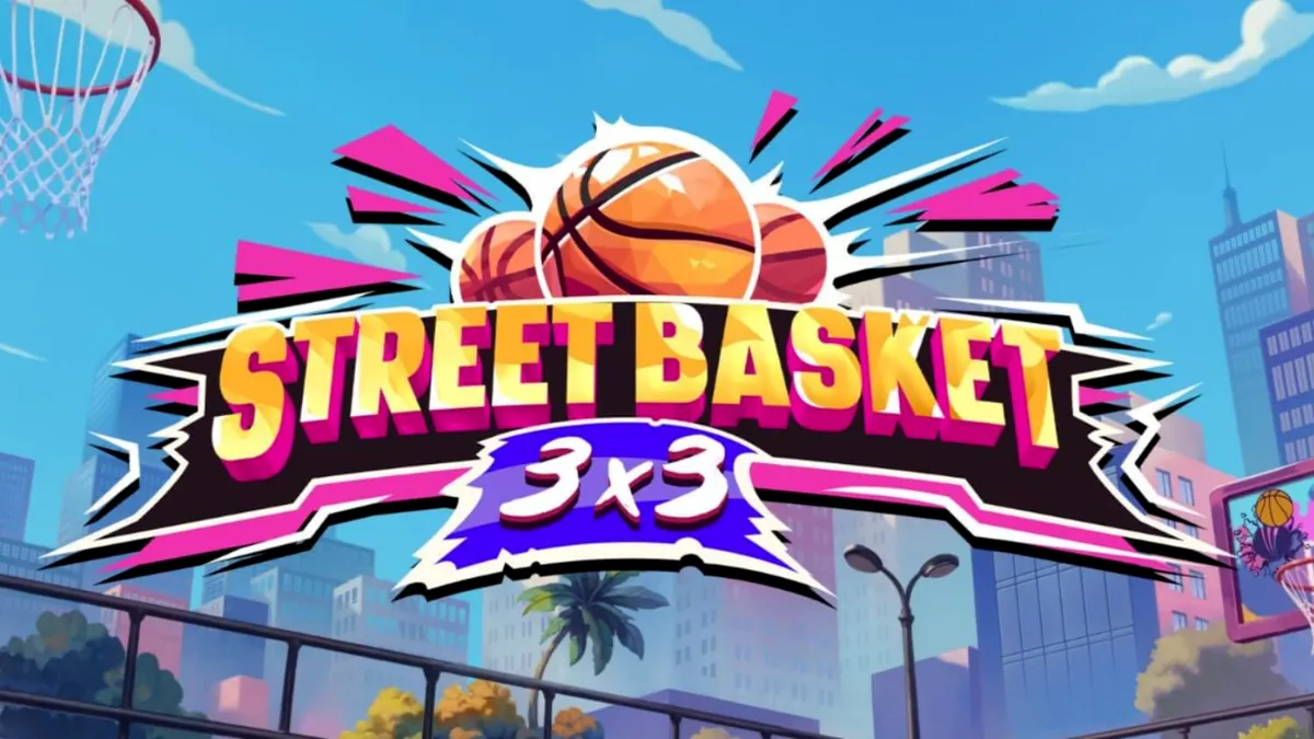 Tampilan visual slot Street Basket 3x3 dengan latar belakang lapangan basket jalanan.