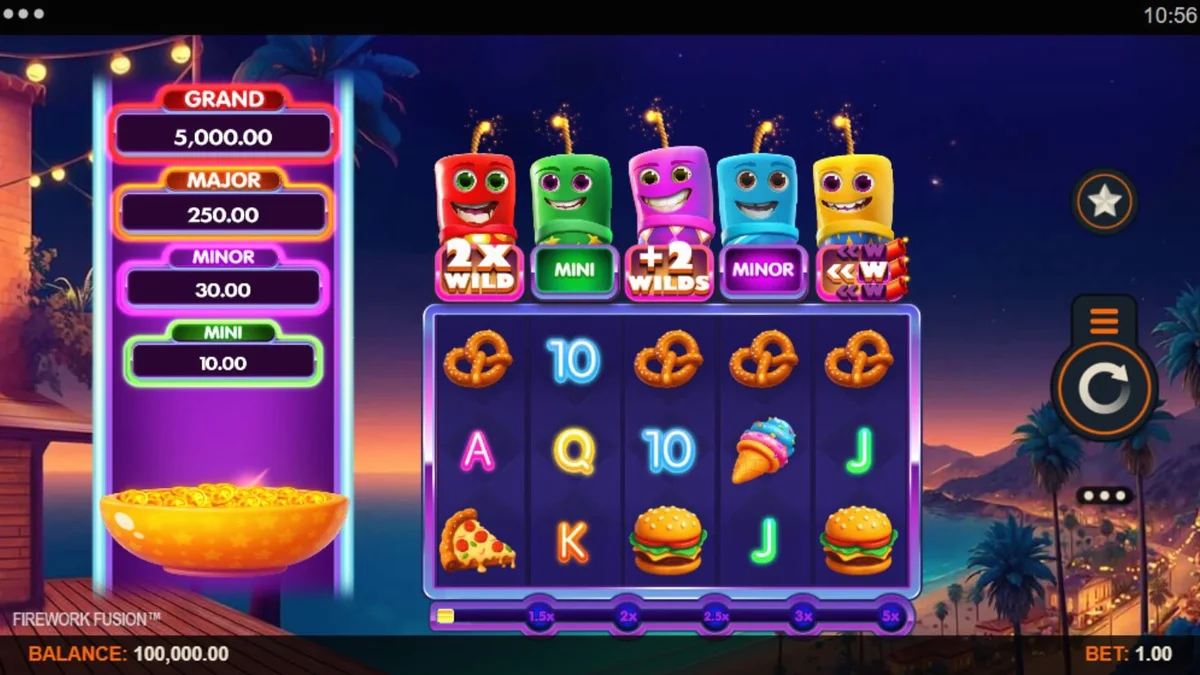 Tampilan visual slot Firework Fusion dengan tema karnaval pantai dan kembang api