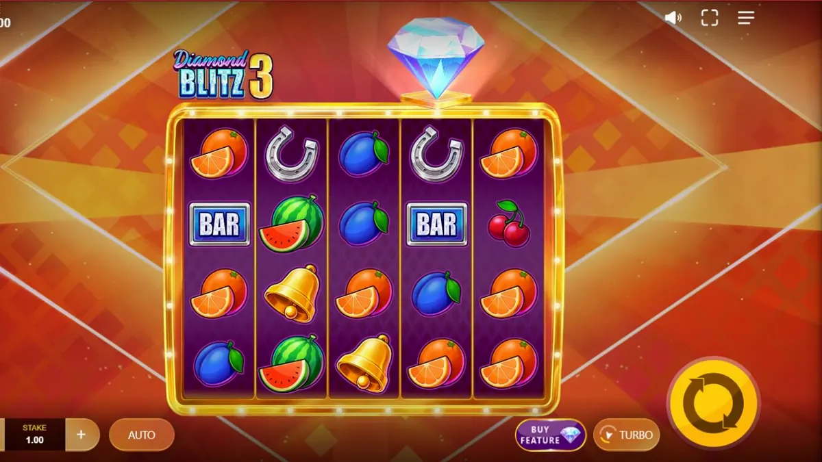 Tampilan visual slot Diamond Blitz 3 dengan simbol permata dan buah yang berkilau