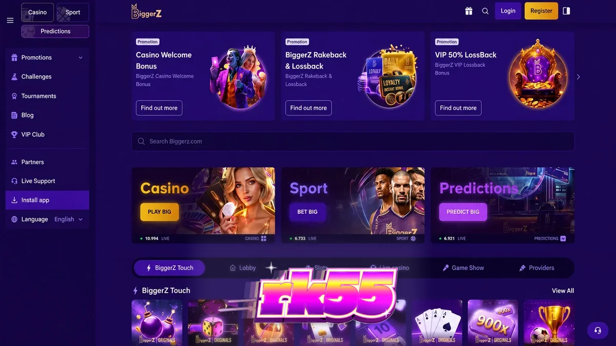 Antarmuka platform taruhan BiggerZ yang menampilkan berbagai pilihan permainan kasino dan taruhan olahraga